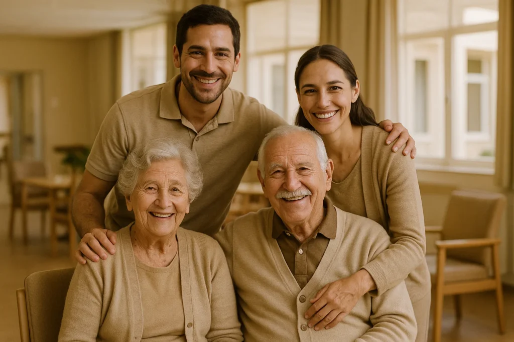 Una familia junto a sus abuelos en una residencia de adultos mayores